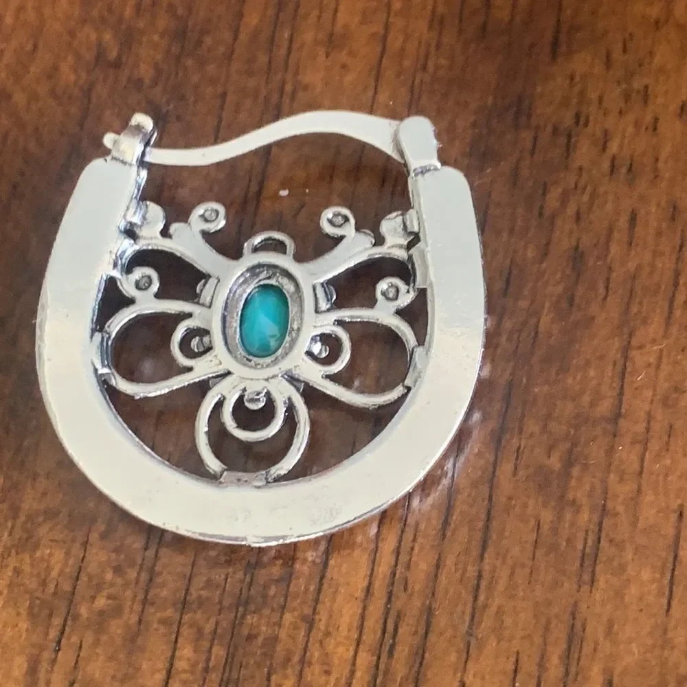 Balinese Style Openwork Hoop Earrings in Silver Tone with Turquoise Accents